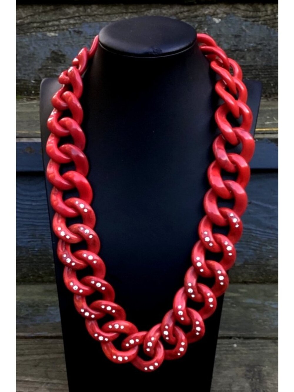 Chunky Coral Red Curb Link Lucite Acrylic Necklace with Rhinestones 25"